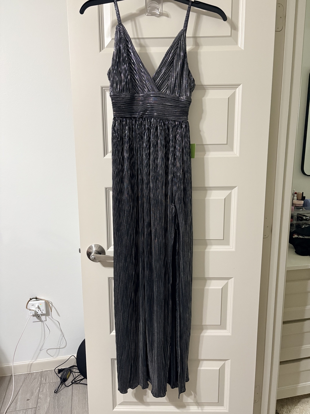 Metallic Charcoal Plissé V-Neck Maxi Dress